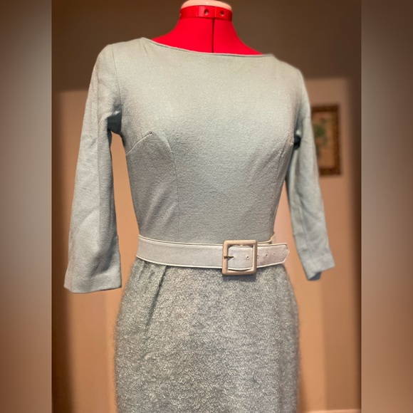 Vintage 1960s Baby Blue Glamorous Boucle Textured Skirt Belted Pencil Dress - Picture 6 of 15